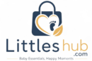 Littles Hub logo with blue and orange color scheme featuring baby footprint and heart icon on white background