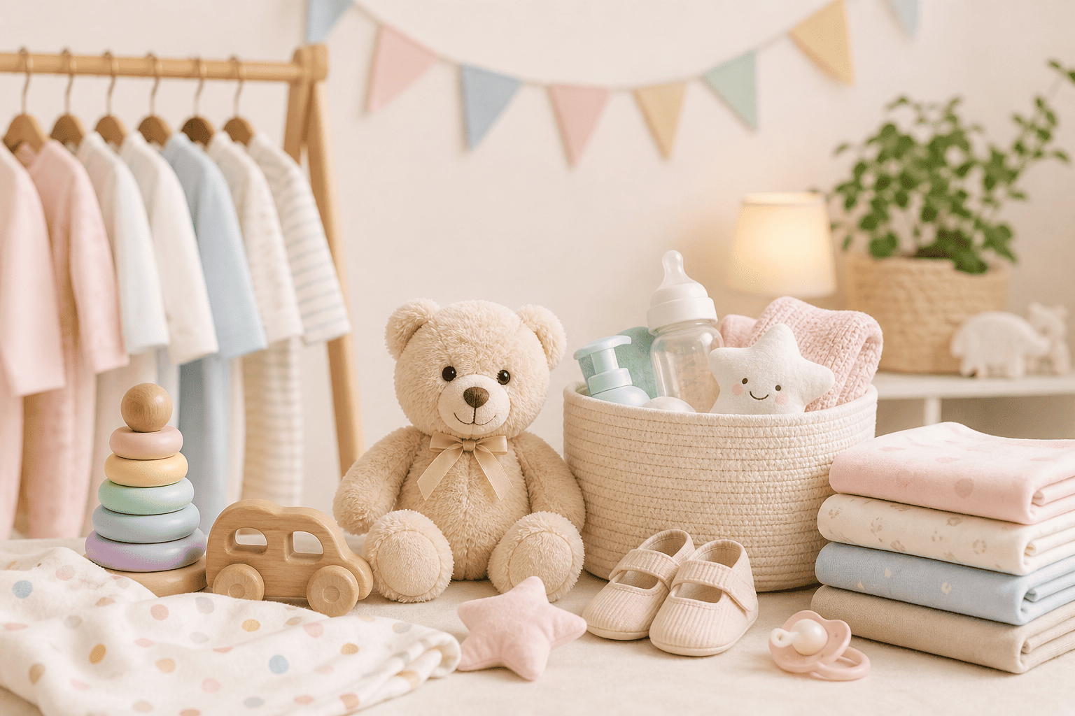 A soft and attractive banner showing cute baby products including toys, diapers, bottles, and clothing arranged in a clean pastel background for a baby care website.