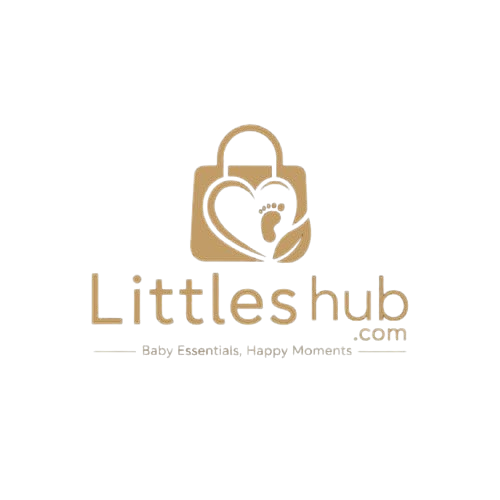 Littles Hub logo with blue and orange color scheme featuring baby footprint and heart icon on white background